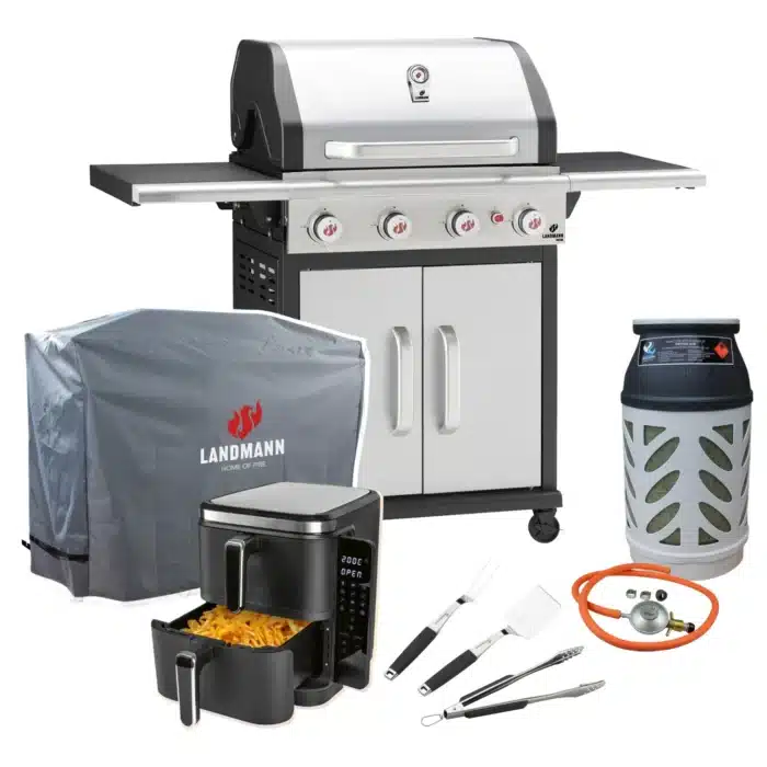 paketpris landmann gasolgril triton svart 4 0 flexx rostfritt stal med airfryer